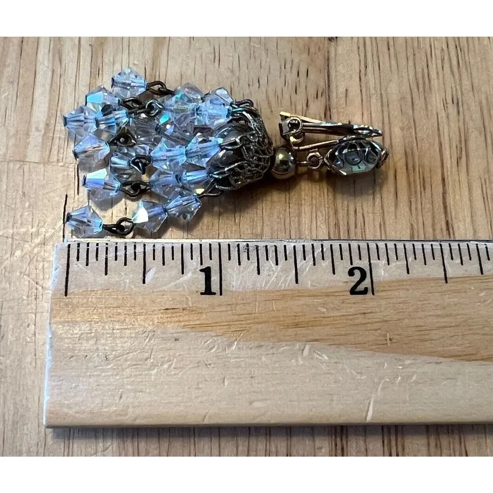 Unique Vintage Gold Tone AB Crystal Dangle Clip on Earrings Rhinestone Filigree‎